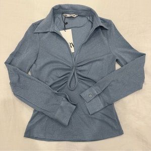 NWT Zara Women’s Icy Blue Metallic Collared Keyhole Cutout Long Sleeve Top